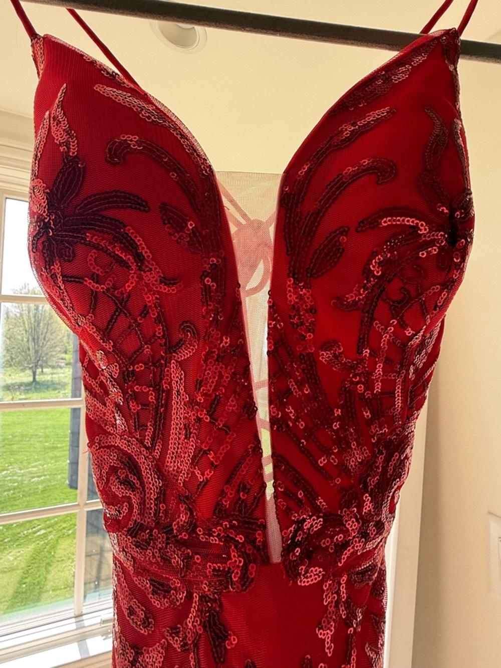 Red Sequin Embellished V-Neck Evening Dress